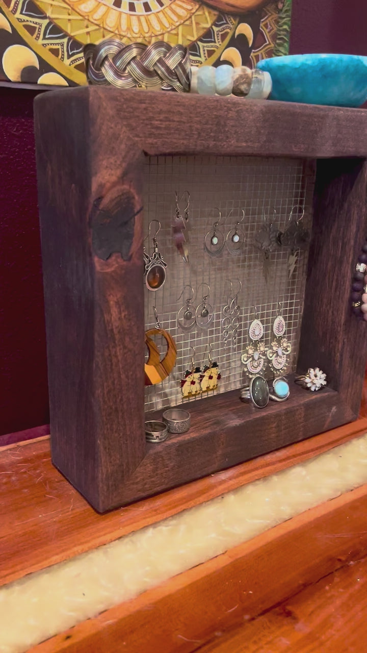 Wall Hanging Alder Wood Jewelry Display with Mesh Backing, Necklace Hook, Shelf | Locally Grown Wood