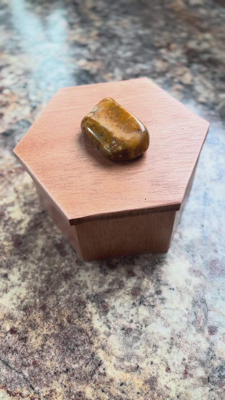 Handmade Mahogany Hexagon Jewelry Box with Agate Stone Lid