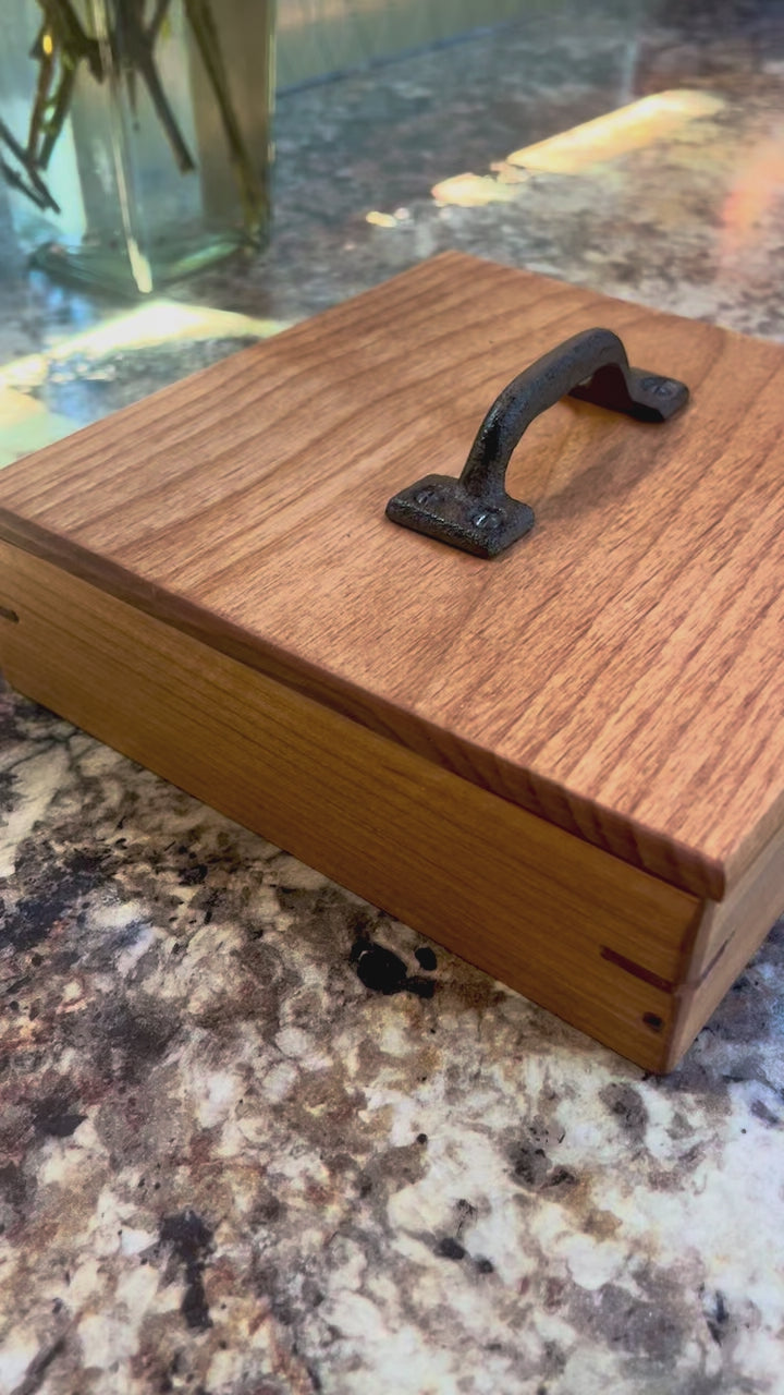 Reclaimed Cherry Wood Jewelry Box: Vintage Cast Iron Handle, Cedar Dividers