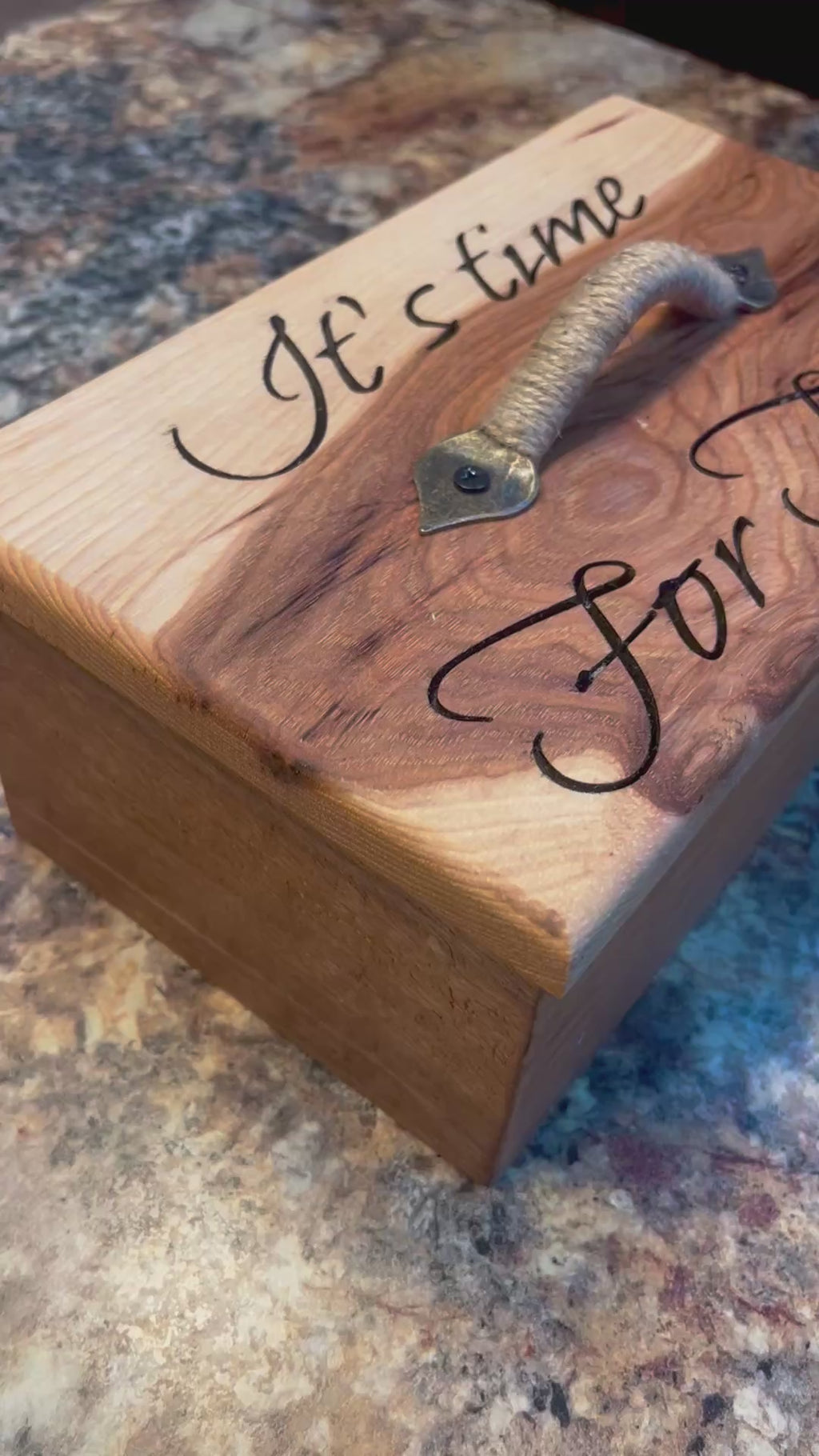 Handmade Oak & Pecan Tea Box with Engraved Lid and Brass Hemp Handle