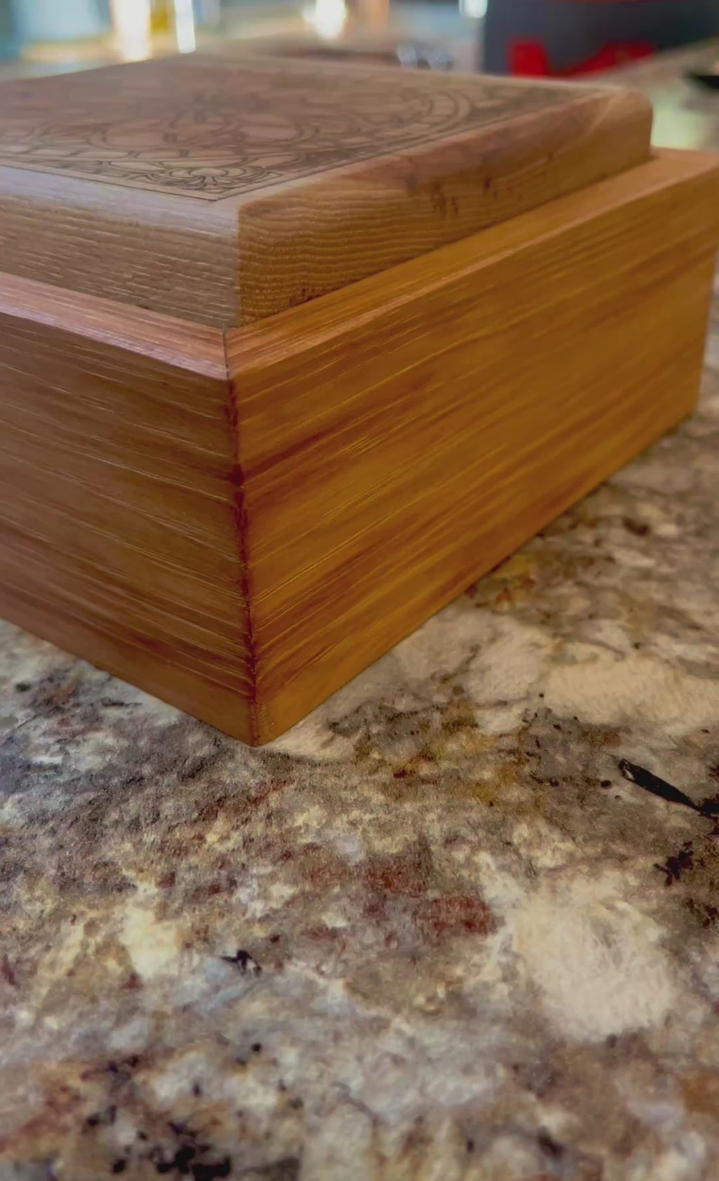 Solid Pecan Keepsake Box with Mandala Engraving & Wrap-Around Grain