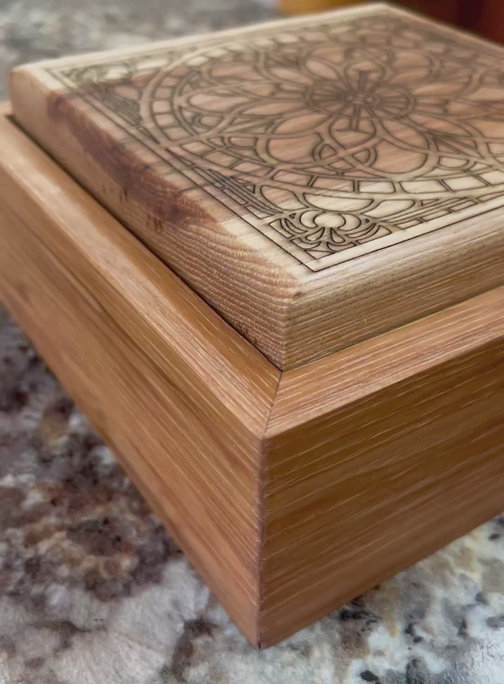 Solid Pecan Keepsake Box with Mandala Engraving & Wrap-Around Grain