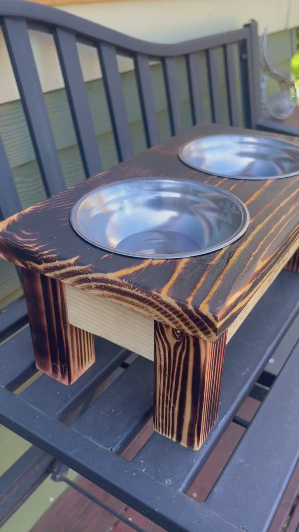 Handcrafted Elevated Cat Feeder – Burned Wood with Dual Bowls & Engraved Detail