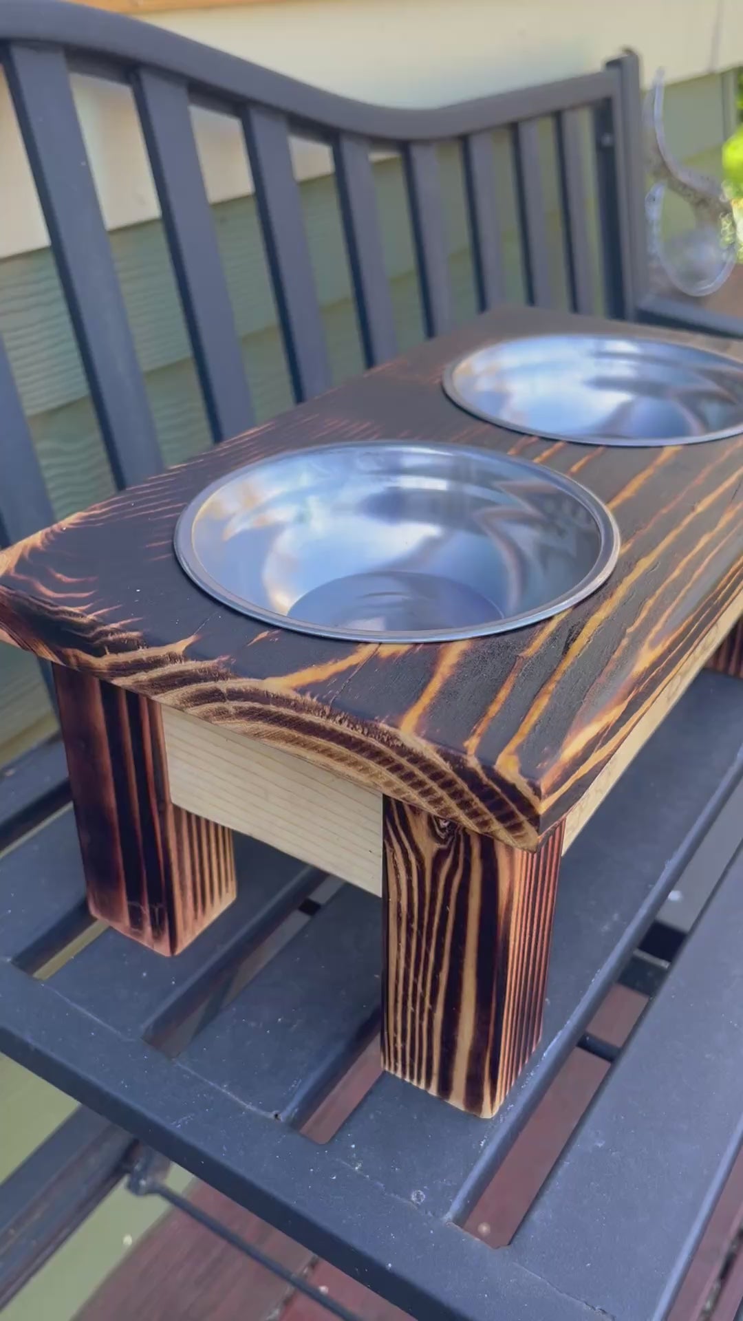 Handcrafted Elevated Cat Feeder – Burned Wood with Dual Bowls & Engraved Detail