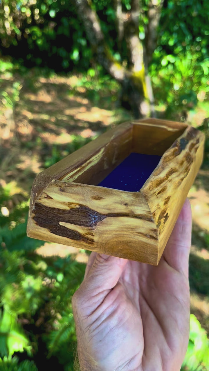 Live-Edge Apple Wood Jewelry Tray: Blue Sparkle Felt, Handmade Keepsake Holder